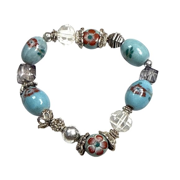 Light Blue Glass Beaded Stretch Bracelet Handmade Boho Jewelry - Picture 7 of 7